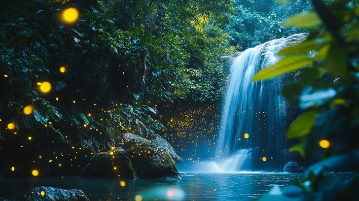 Mystical waterfall with glowing fireflies